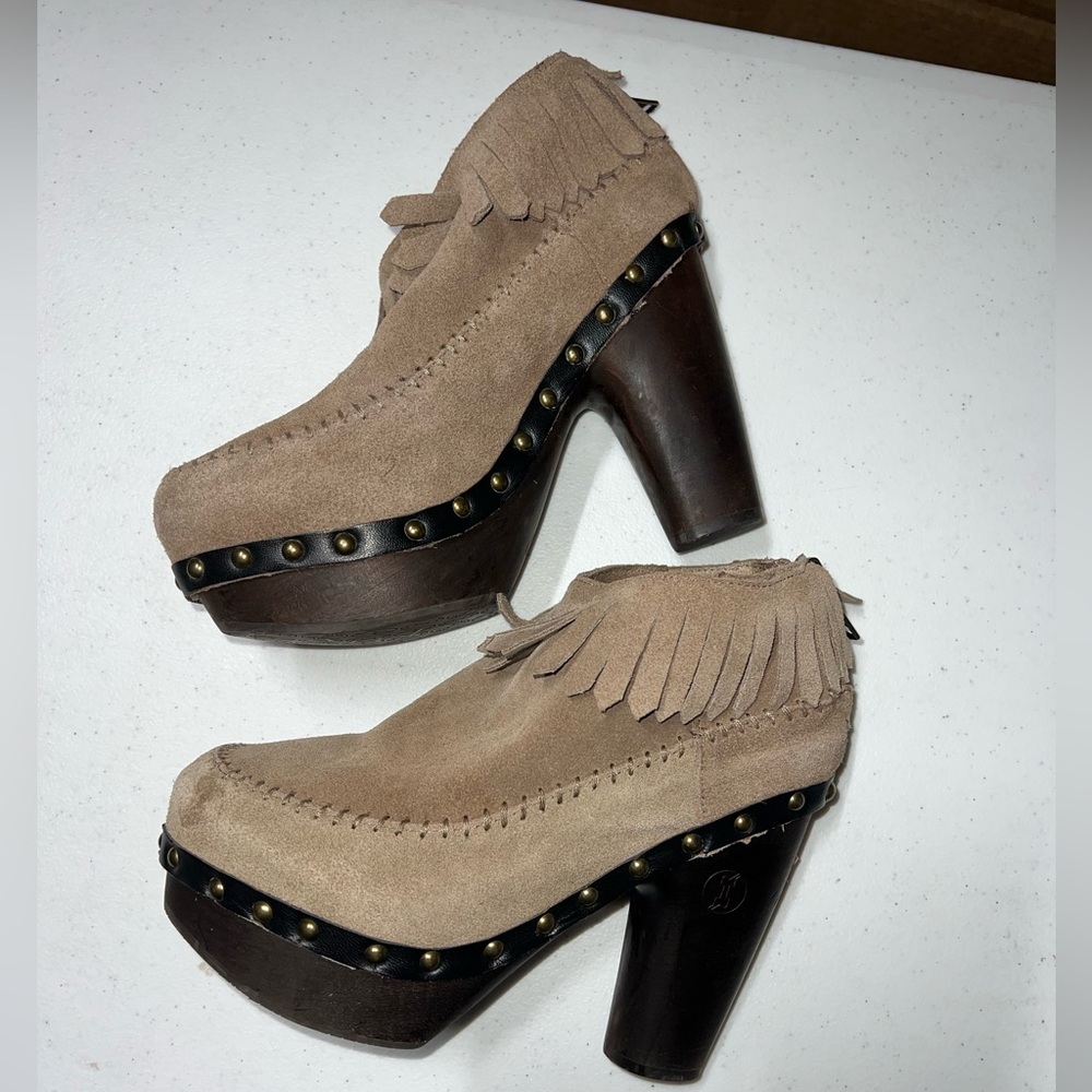 Flogg Fringe Bootie 7 Women's Premium Leather Wooden Platform Heeled‎ -tan